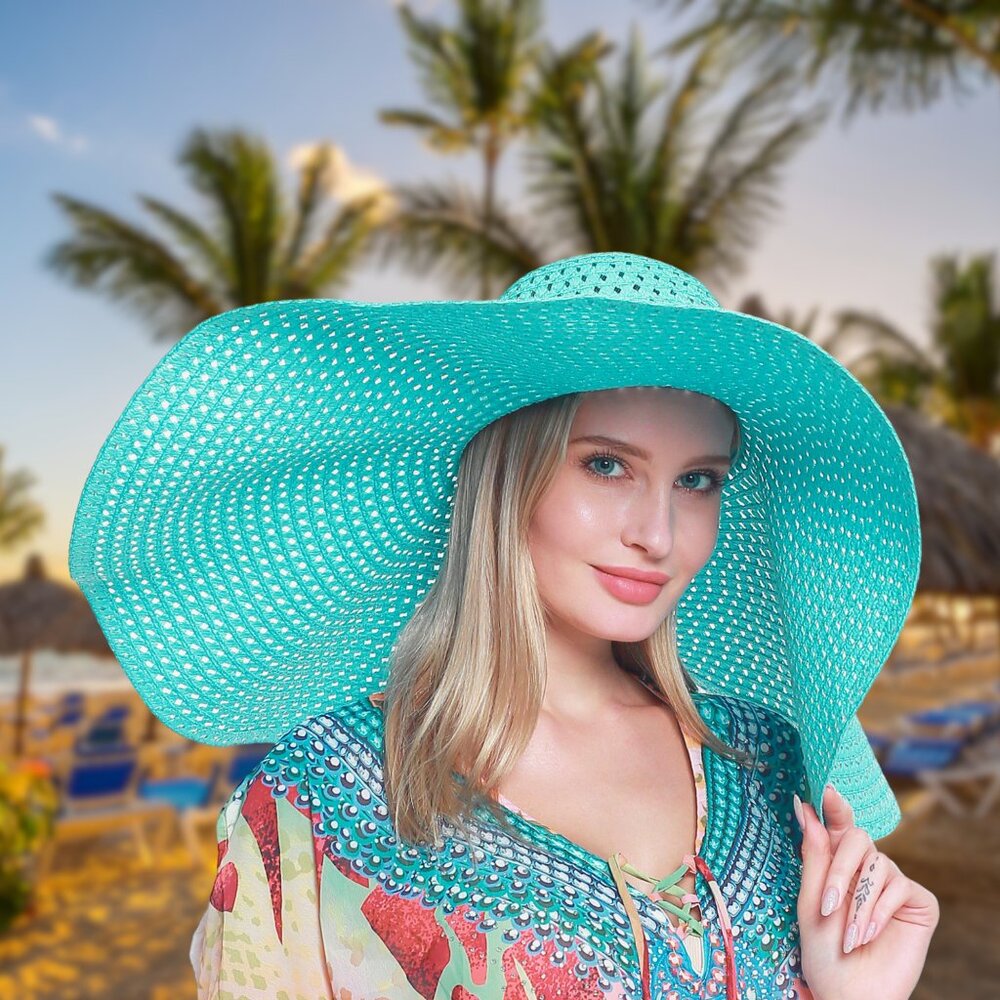 Blue Super Wide Brim Breezy Elegance Wired Floppy Straw Hat